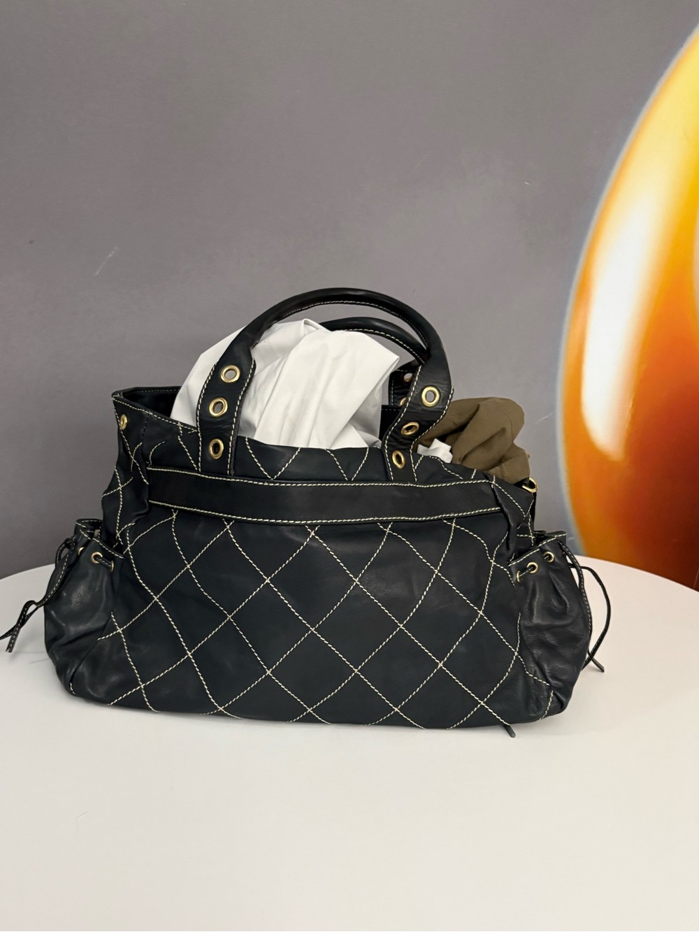 Berge quilted navy and tan handbag leather made in Italy